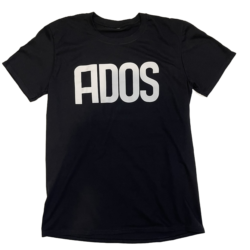 A black t-shirt with the word ados written in white.