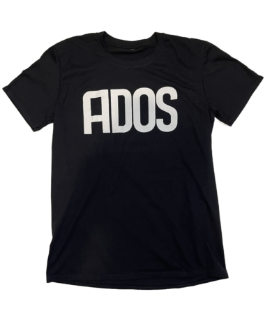 A black t-shirt with the word ados written in white.